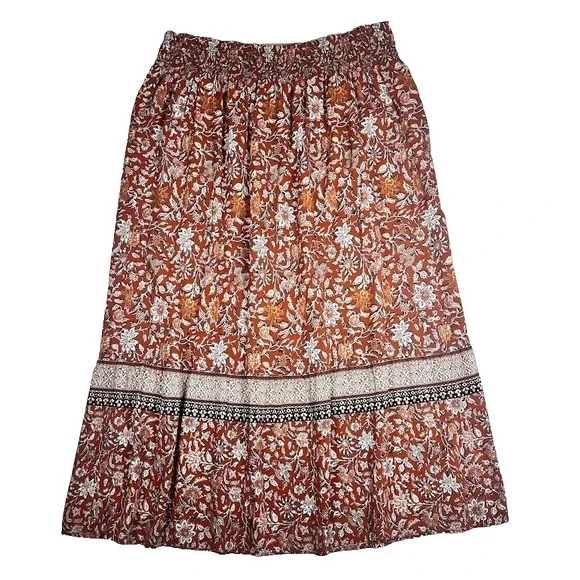 J Jill Boho Cottagecore Midi Skirt Floral Rust Tiered Flowy Elastic L - Picture 1 of 9